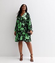 New Look Curves Green Floral Satin Long Sleeve Button Front Mini Dress